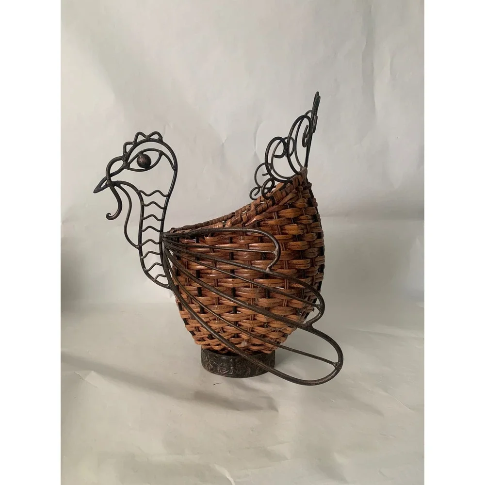 Woven Rattan Metal Turkey Decorative Basket Brown Fall Farmhouse Thanksgiving